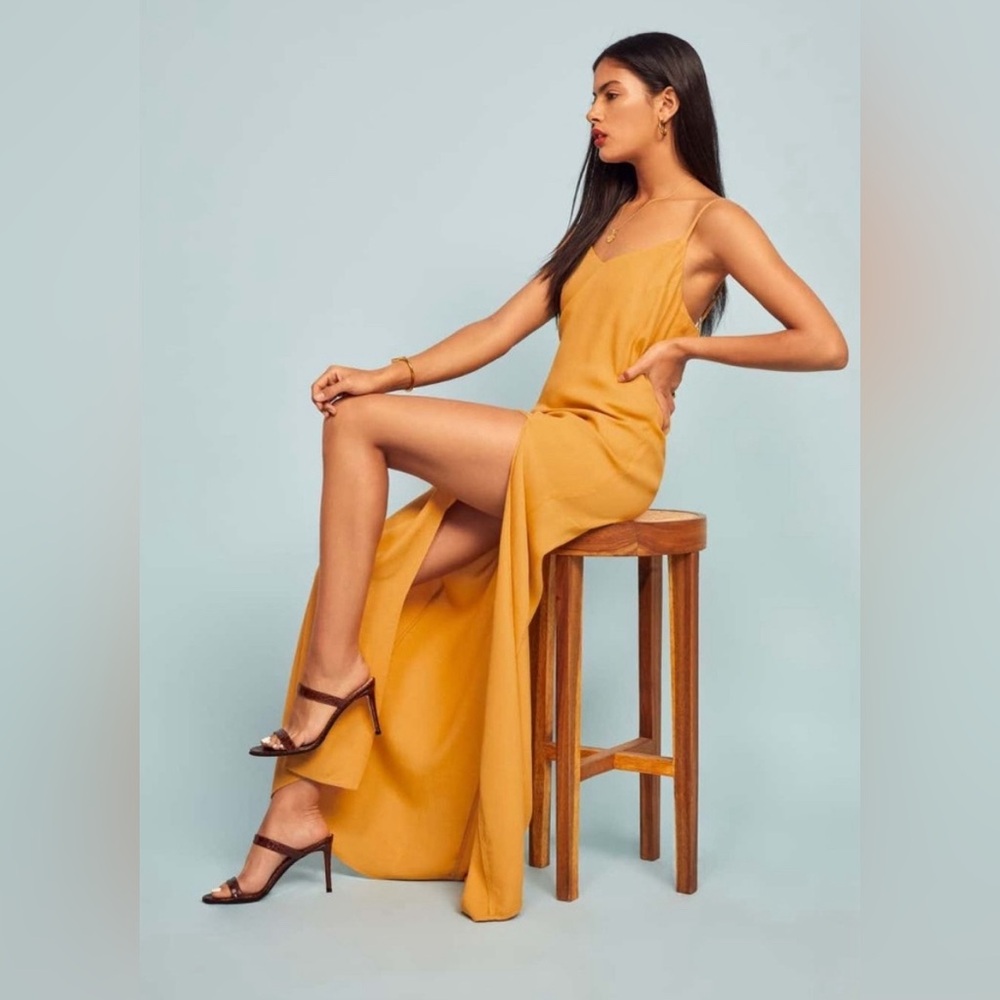 Reformation Harlowe Marigold Mustard Yellow Spaghetti Strap Slip Maxi Dress